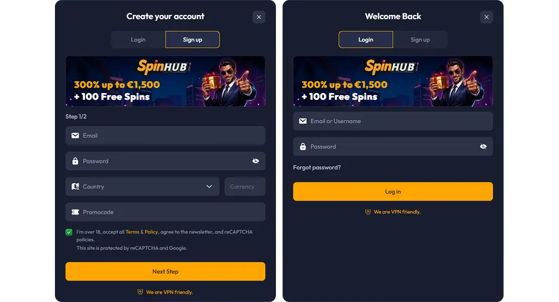 SpinHub registration and login